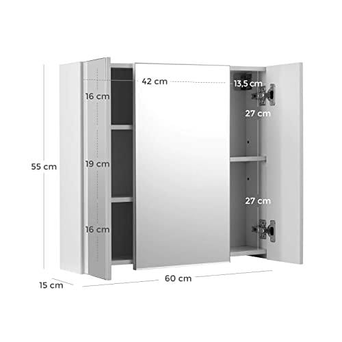 Badeværelsesvægskab, Skab med Spejl, 3-dørs Opbevaringsskab, 60 X 15 X 55 Cm, med Justerbar Hylde, Moderne, Hvid 6 Badeværelsesvægskab, Skab med Spejl, 3-dørs Opbevaringsskab, 60 X 15 X 55 Cm, med Justerbar Hylde, Moderne, Hvid - Billede 6