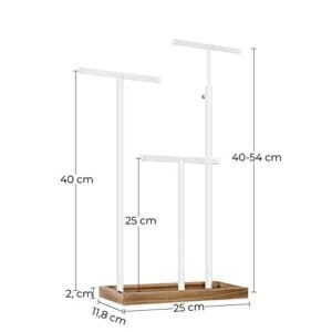 2-i-1 Smykkedisplayholder, Smykkestativtræ, 3 T-formede Metalstænger med Huller, Opbevaringsbakke, Justerbar, Lang Halskæde Armbåndsørering, Rustik Brun og Hvid - Image 5