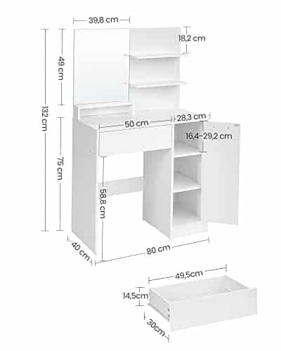 VASAGLE Toiletbord, vaskebord med spejl, 1 skuffe, 2 hylder, hvid 6 VASAGLE Toiletbord, vaskebord med spejl, 1 skuffe, 2 hylder, hvid - Billede 6
