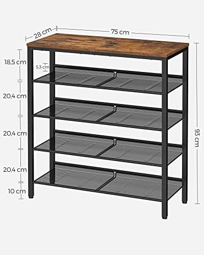 5-lags Skostativ, Høj Skoopbevaring med 4 Mesh-hylder og Stor Top til Tasker, Plads til Entré, Stål, Industri, Rustik Brun og Sort 4 5-lags Skostativ, Høj Skoopbevaring med 4 Mesh-hylder og Stor Top til Tasker, Plads til Entré, Stål, Industri, Rustik Brun og Sort - Billede 4