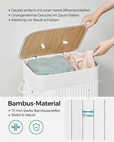 Bambus Vasketøjskurv, 72l Sammenfoldelig Vasketøjskurv, Rektangulær Opbevaringskurv med 3 Håndtag, 40 X 30 X 60 Cm, Hvid 3 Bambus Vasketøjskurv, 72l Sammenfoldelig Vasketøjskurv, Rektangulær Opbevaringskurv med 3 Håndtag, 40 X 30 X 60 Cm, Hvid - Billede 3