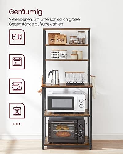 Vasagle køkkenhylde, stående hylde, mikrobølgehylde, 6 hylder og 6 kroge, brun/sort 3 Vasagle køkkenhylde, stående hylde, mikrobølgehylde, 6 hylder og 6 kroge, brun/sort - Billede 3