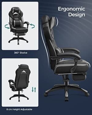 Gaming Stol, Kontorracerstol med Fodstøtte, Ergonomisk Design, Justerbar Nakkestøtte, Lændestøtte, 150 Kg Vægtkapacitet, Sort og Grå - Image 5