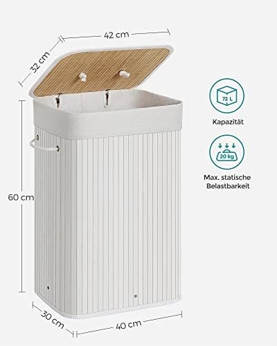 Bambus Vasketøjskurv, 72l Sammenfoldelig Vasketøjskurv, Rektangulær Opbevaringskurv med 3 Håndtag, 40 X 30 X 60 Cm, Hvid 5 Bambus Vasketøjskurv, 72l Sammenfoldelig Vasketøjskurv, Rektangulær Opbevaringskurv med 3 Håndtag, 40 X 30 X 60 Cm, Hvid - Billede 5