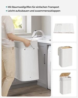 Songmics bambu tvättkorg, 72L fällbar tvätthämma, rektangulär förvaringsham med 3 handtag, 40 x 30 x 60 cm, vit LCB010W01 - Image 5