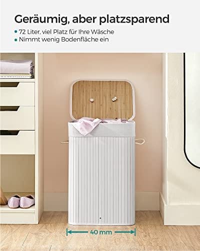 Bambus Vasketøjskurv, 72l Sammenfoldelig Vasketøjskurv, Rektangulær Opbevaringskurv med 3 Håndtag, 40 X 30 X 60 Cm, Hvid 6 Bambus Vasketøjskurv, 72l Sammenfoldelig Vasketøjskurv, Rektangulær Opbevaringskurv med 3 Håndtag, 40 X 30 X 60 Cm, Hvid - Billede 6