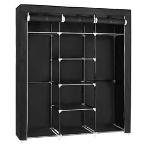 Foldegarderobe, Stofskab, Sammenklappelig Knagerække med 2 Bøjler, 175 X 150 X 45 Cm, Sort, Kanvas