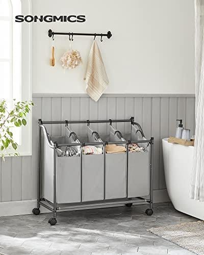 SONGMICS Rullende vasketøjssortering, vasketøjskurv med 4 aftagelige poser, grå 2 SONGMICS Rullende vasketøjssortering, vasketøjskurv med 4 aftagelige poser, grå - Billede 2