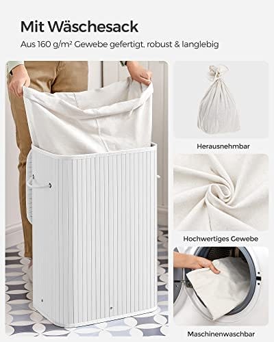 Bambus Vasketøjskurv, 72l Sammenfoldelig Vasketøjskurv, Rektangulær Opbevaringskurv med 3 Håndtag, 40 X 30 X 60 Cm, Hvid 4 Bambus Vasketøjskurv, 72l Sammenfoldelig Vasketøjskurv, Rektangulær Opbevaringskurv med 3 Håndtag, 40 X 30 X 60 Cm, Hvid - Billede 4