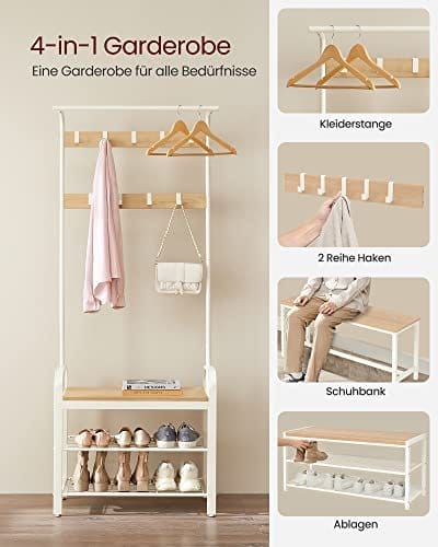 VASAGLE knagerække, knageholder med skoopbevaringsbænk, 4-i-1 design, creme 2 VASAGLE knagerække, knageholder med skoopbevaringsbænk, 4-i-1 design, creme - Billede 2