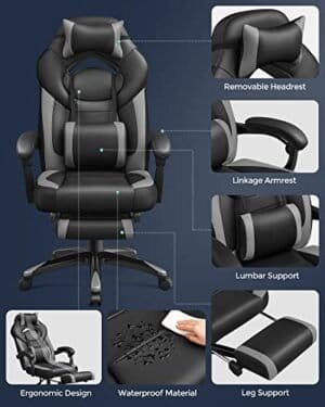 Gaming Stol, Kontorracerstol med Fodstøtte, Ergonomisk Design, Justerbar Nakkestøtte, Lændestøtte, 150 Kg Vægtkapacitet, Sort og Grå - Image 3