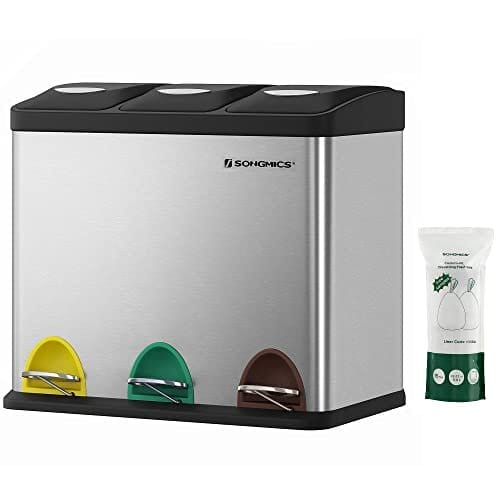 3-i-1 affaldssorteringsspand med farvekodede pedaler og rustfrit stål design, ideel til genbrug og organisering i hjemmet.