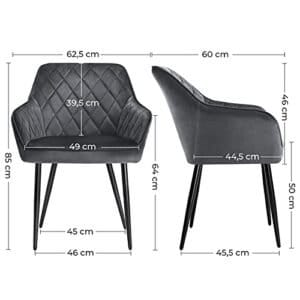 Sæt med 6 Spisestuestole med Armlæn Sædebredde 49 Cm Metalben Fløjlsbetræk Holder Op til 110 Kg til Studie Stue Soveværelse Grå Grå - Image 3