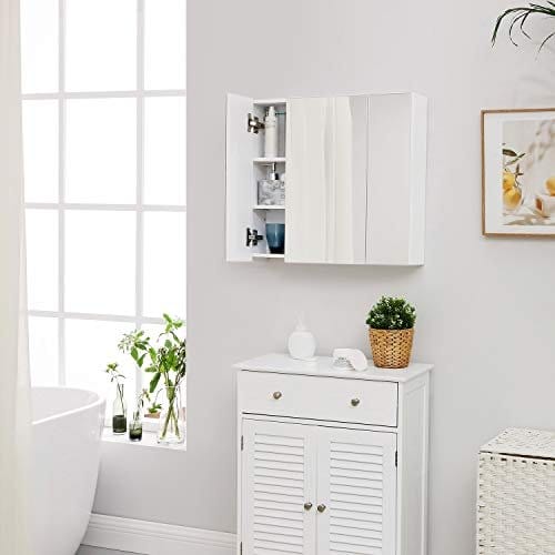 Badeværelsesvægskab, Skab med Spejl, 3-dørs Opbevaringsskab, 60 X 15 X 55 Cm, med Justerbar Hylde, Moderne, Hvid 2 Badeværelsesvægskab, Skab med Spejl, 3-dørs Opbevaringsskab, 60 X 15 X 55 Cm, med Justerbar Hylde, Moderne, Hvid - Billede 2
