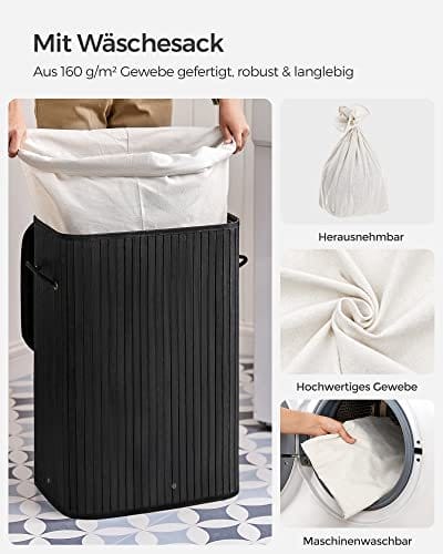 SONGMICS Bambus vasketøjskurv, 72L sammenfoldelig, rektangulær sort 4 SONGMICS Bambus vasketøjskurv, 72L sammenfoldelig, rektangulær sort - Billede 4