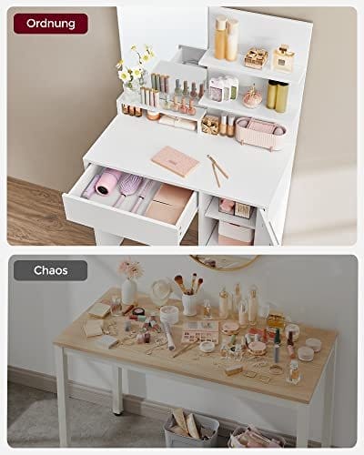 VASAGLE Toiletbord, vaskebord med spejl, 1 skuffe, 2 hylder, hvid 4 VASAGLE Toiletbord, vaskebord med spejl, 1 skuffe, 2 hylder, hvid - Billede 4