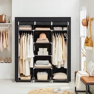 Foldegarderobe, Stofskab, Sammenklappelig Knagerække med 2 Bøjler, 175 X 150 X 45 Cm, Sort, Kanvas - Image 3