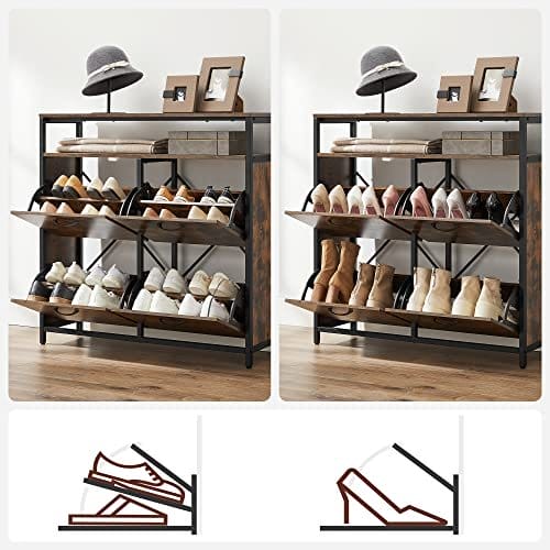 Skoskab med 4 Klapper Skostativ Sko Tip Sko Kiste i Hallen til 12-20 Par Sko, 98,3 X 30 X 95 Cm, Vintage Brun/sort 4 Skoskab med 4 Klapper Skostativ Sko Tip Sko Kiste i Hallen til 12-20 Par Sko, 98,3 X 30 X 95 Cm, Vintage Brun/sort - Billede 4