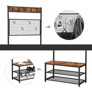 Knageholder, Industriel Skohylde og -bænk med Gitter-memo-tavle, 9 Kroge og Opbevaringshylder, Entre med Stabil Metalramme, Rustik Brun - Image 5