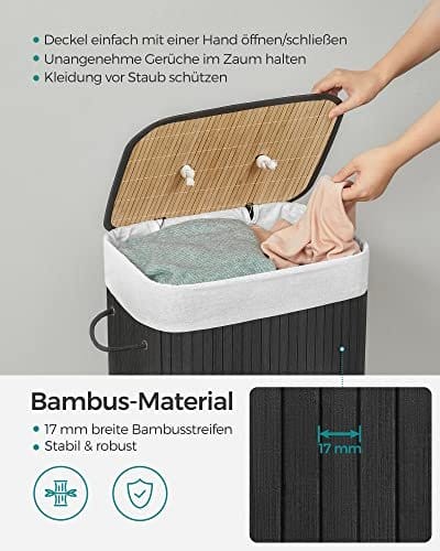 SONGMICS Bambus vasketøjskurv, 72L sammenfoldelig, rektangulær sort 3 SONGMICS Bambus vasketøjskurv, 72L sammenfoldelig, rektangulær sort - Billede 3