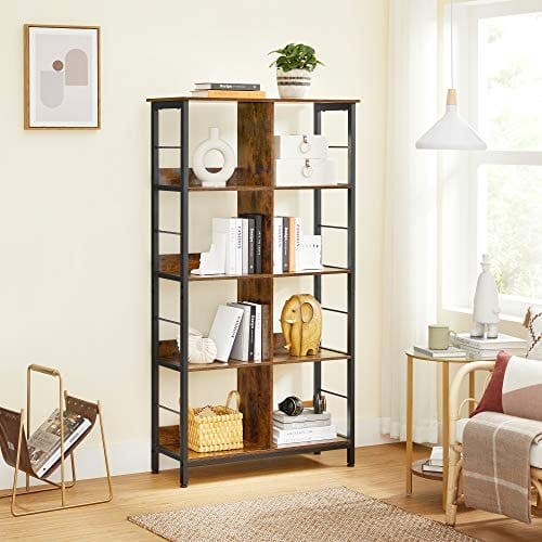 VASAGLE reol, bogreol, stigehylde 4-lags, 80 x 33 x 149 cm, brun og sort 2 VASAGLE reol, bogreol, stigehylde 4-lags, 80 x 33 x 149 cm, brun og sort - Billede 2