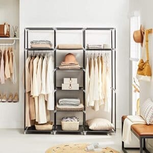 Foldegarderobe, Stofskab, Sammenklappelig Knagerække med 2 Bøjler, 175 X 150 X 45 Cm, Sort, Kanvas - Image 4