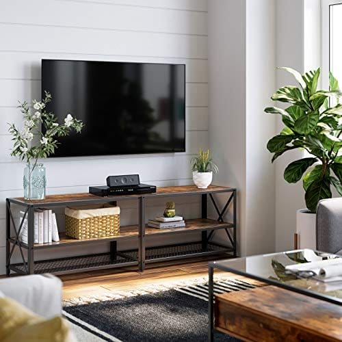VASAGLE tv-stativ, tv bord til tv op 70 tommer, med hylder, stålramme, rustik brun 2 VASAGLE tv-stativ, tv bord til tv op 70 tommer, med hylder, stålramme, rustik brun - Billede 2
