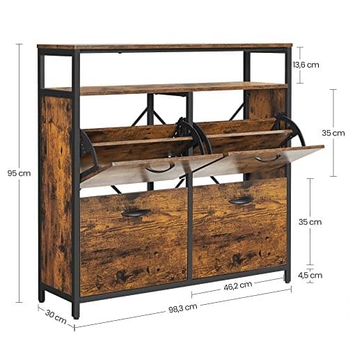 Skoskab med 4 Klapper Skostativ Sko Tip Sko Kiste i Hallen til 12-20 Par Sko, 98,3 X 30 X 95 Cm, Vintage Brun/sort 5 Skoskab med 4 Klapper Skostativ Sko Tip Sko Kiste i Hallen til 12-20 Par Sko, 98,3 X 30 X 95 Cm, Vintage Brun/sort - Billede 5