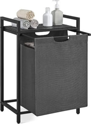 Vasketøjskurv, Vasketøjshammer, Udtrækkelig og Aftagelig Vaskepose, Hylde, Metalramme, 65l, 50 X 33 X 72 Cm, Sort og Grå - Image 7