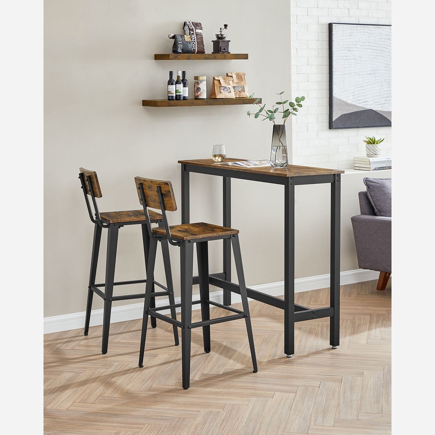 VASAGLE Sæt med 2 køkkenskammel, køkkenstole med ryglæn, stålstel, vintage brun/sort 3 VASAGLE Sæt med 2 køkkenskammel, køkkenstole med ryglæn, stålstel, vintage brun/sort - Billede 3
