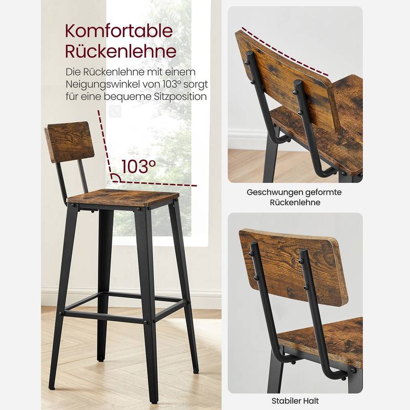 VASAGLE Sæt med 2 køkkenskammel, køkkenstole med ryglæn, stålstel, vintage brun/sort 6 VASAGLE Sæt med 2 køkkenskammel, køkkenstole med ryglæn, stålstel, vintage brun/sort - Billede 6