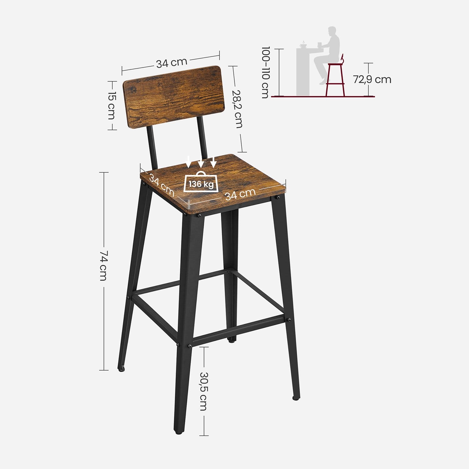 VASAGLE Sæt med 2 køkkenskammel, køkkenstole med ryglæn, stålstel, vintage brun/sort 7 VASAGLE Sæt med 2 køkkenskammel, køkkenstole med ryglæn, stålstel, vintage brun/sort - Billede 7