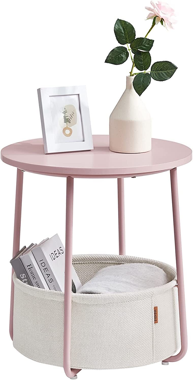 VASAGLE Lille rundt sofabord, sidebord med stofkurv, opbevaring, pastelrosa/sky hvid 2 VASAGLE Lille rundt sofabord, sidebord med stofkurv, opbevaring, pastelrosa/sky hvid - Billede 2