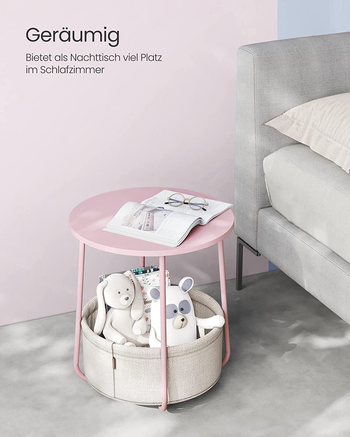 VASAGLE Lille rundt sofabord, sidebord med stofkurv, opbevaring, pastelrosa/sky hvid 3 VASAGLE Lille rundt sofabord, sidebord med stofkurv, opbevaring, pastelrosa/sky hvid - Billede 3