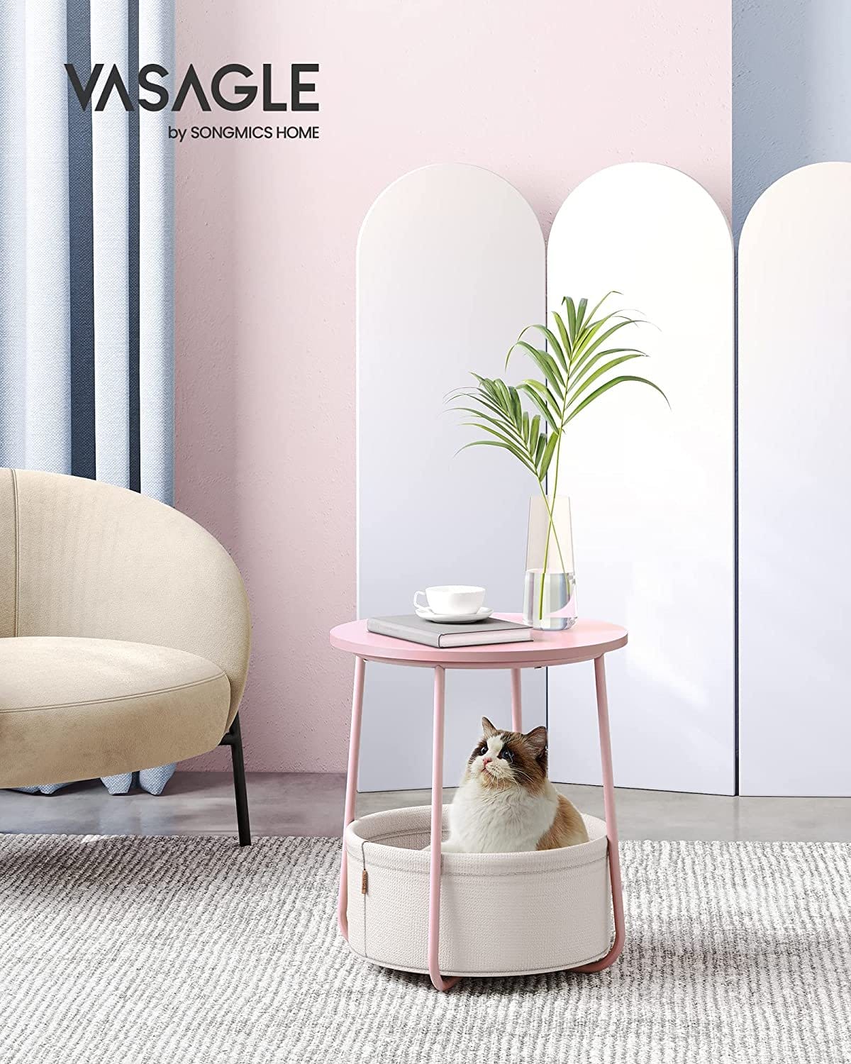 VASAGLE Lille rundt sofabord, sidebord med stofkurv, opbevaring, pastelrosa/sky hvid 5 VASAGLE Lille rundt sofabord, sidebord med stofkurv, opbevaring, pastelrosa/sky hvid - Billede 5