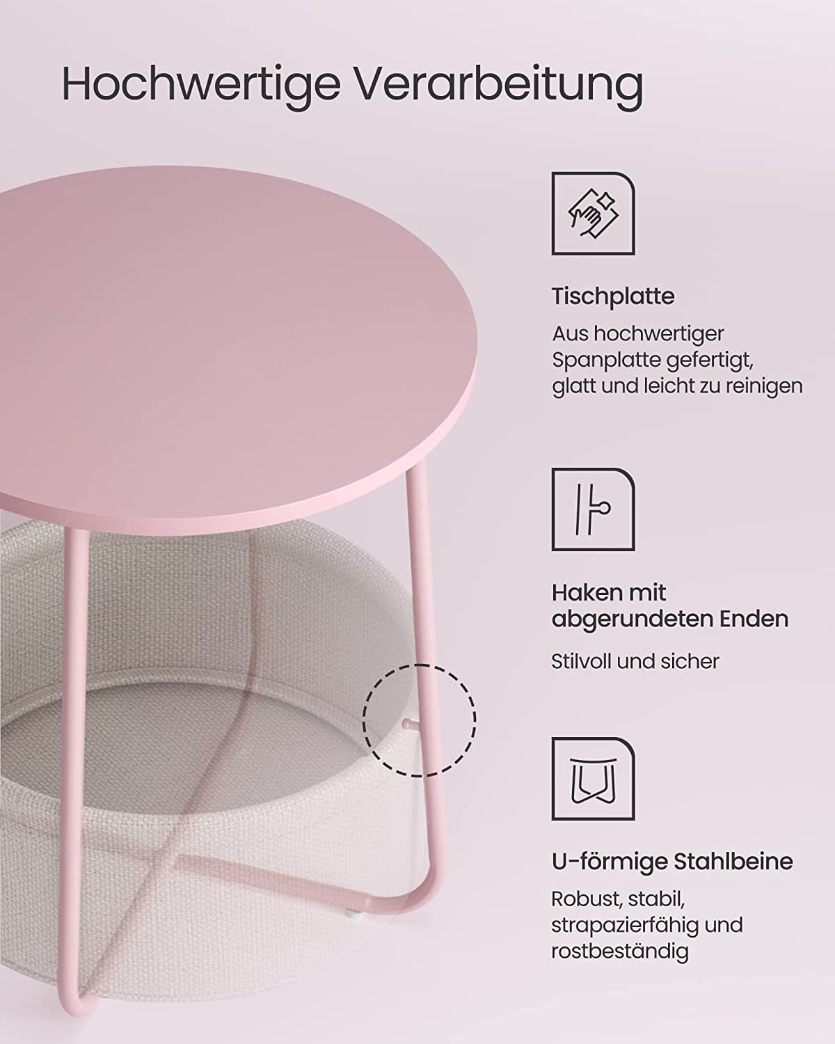 VASAGLE Lille rundt sofabord, sidebord med stofkurv, opbevaring, pastelrosa/sky hvid 7 VASAGLE Lille rundt sofabord, sidebord med stofkurv, opbevaring, pastelrosa/sky hvid - Billede 7