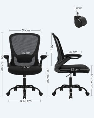 SONGMICS Kontorstol, Skrivebordsstol, Mesh Drejestol, Ergonomisk, Sort - Image 6