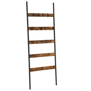 Vasagle-tæppe stige, skæve stigehylde, 5-lags håndklædeholder, 65 cm bred, stålramme, til tæpper, håndklæder, tørklæder, industriel stil, rustik brun og sort LLS011B01