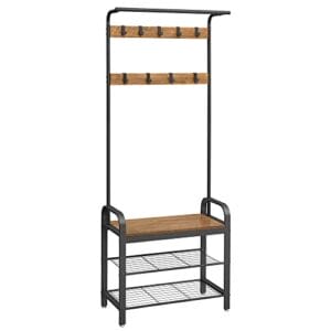 Vasagle Coat Rack, frakke står med skoopbevaringsbænk, 4-i-1-design, med 9 aftagelige kroge, en tøjskinne, til gangen, indgang, 33,7 x 77 x 183 cm, industriel, rustik valnød og sort HSR040B41