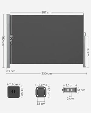 Songmics 160 x 300 cm (h x l), side markise til balkon og terrasse, beskyttelse - Image 2