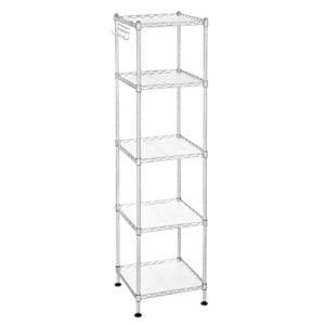 Songmics badeværelse hylde, metalopbevaringsstativ, total belastningskapacitet 100 kg, med 5 pp ark, aftagelige kroge, 30 x 30 x 123,5 cm, udvideligt design, til lille plads, sølv og gennemsigtig LGR023S01