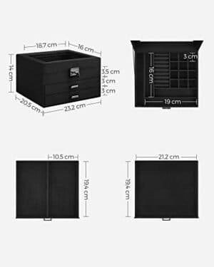 Songmics smykkerboks, 3-lags fløjlssmykker visningssag og arrangør med klart glaslåg, forskellige rum til halskæder, armbånd, ringe, lås og nøgle, sort JBC158B01 - Image 6