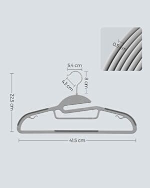 Songmics Sæt med 50 plastbøjler, frakkehænger med U-formet åbning, skridsikre, pladsbesparende, 0,5 cm tyk, 41,5 cm lang, 360 ° drejelig krog, lys og mørkegrå CRP41G-50 - Image 7