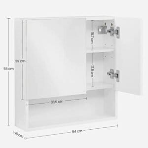 Vasagle BBK122W01 Mirrored Cabinet, badeværelse skab med højdejusterbare hylder, dør og øverste panel med højglans overflade, badeværelse, 54 x 15 x 55 cm, hvid - Image 6