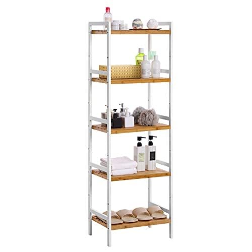 Songmics 5-lags bambusopbevaringsstativ til badeværelse, køkken, soveværelse, 31,5 x 45 x 142 cm, naturlig og hvid BCB75WN 6 Songmics 5-lags bambusopbevaringsstativ til badeværelse, køkken, soveværelse, 31,5 x 45 x 142 cm, naturlig og hvid BCB75WN - Billede 6