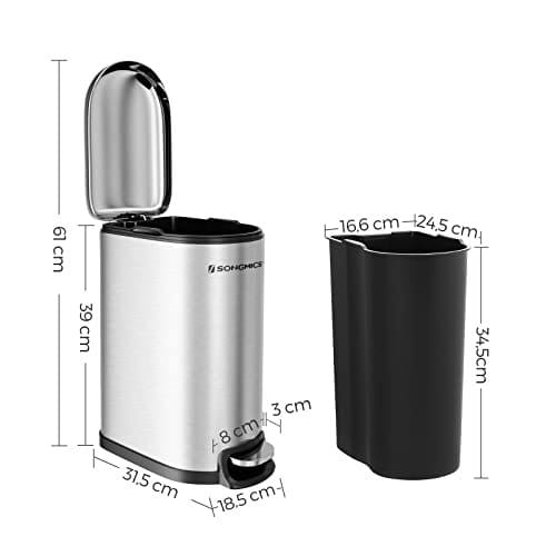 Songmics Slim Rubbish Bin, 10L pedalbakke, stål, aftagelig indre spand, sølv 3 Songmics Slim Rubbish Bin, 10L pedalbakke, stål, aftagelig indre spand, sølv - Billede 3