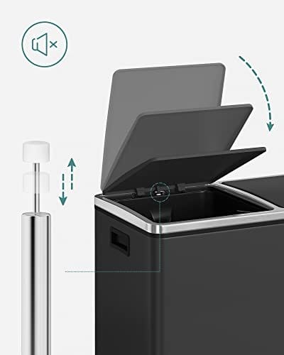 Songmics Recycling Bin, Double Trash CAN, 2 x 24L, med 2 rum, blød tæt låg, pedaler, plastiske indre spande og bær håndtag, sort LTB48BK 3 Songmics Recycling Bin, Double Trash CAN, 2 x 24L, med 2 rum, blød tæt låg, pedaler, plastiske indre spande og bær håndtag, sort LTB48BK - Billede 3