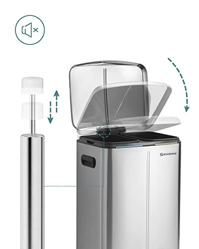 Songmics dobbelt skraldespand, 2 x 20 l køkkenbakke, dobbelt rummetalstetrin, med plastiske indre spande, blød-tæt låg og håndtag, lugtforsegling, sølv LTB40NL 6 Songmics dobbelt skraldespand, 2 x 20 l køkkenbakke, dobbelt rummetalstetrin, med plastiske indre spande, blød-tæt låg og håndtag, lugtforsegling, sølv LTB40NL - Billede 6