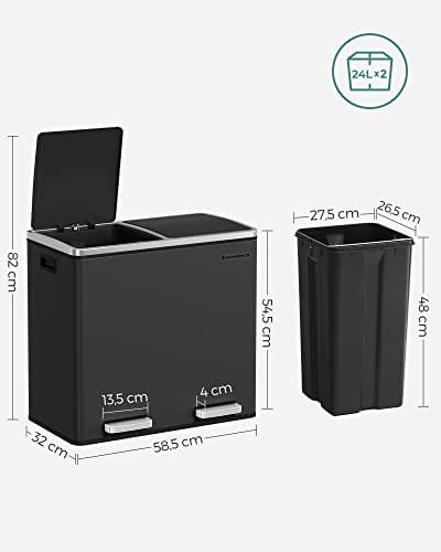 Songmics Recycling Bin, Double Trash CAN, 2 x 24L, med 2 rum, blød tæt låg, pedaler, plastiske indre spande og bær håndtag, sort LTB48BK 6 Songmics Recycling Bin, Double Trash CAN, 2 x 24L, med 2 rum, blød tæt låg, pedaler, plastiske indre spande og bær håndtag, sort LTB48BK - Billede 6
