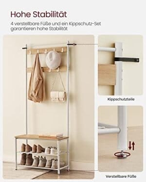 Vasagle Coat Rack, frakke står med skoopbevaringsbænk, halltræ med sko rack, eg farve og hvid - Image 4